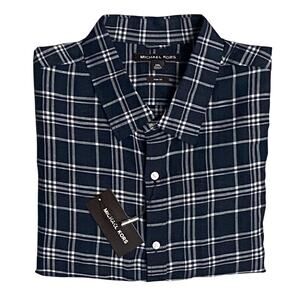 Michael Kors Men's XXL Slim Fit Short Sleeve Shirt Linen Dark Blue Check NEW